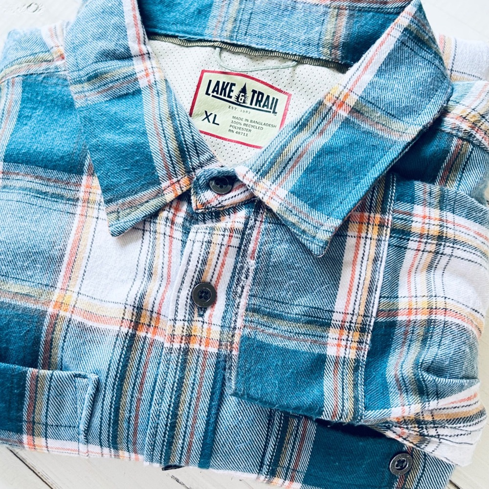 Lake Trail Mens XL Plaid‎ Flannel Shirt Long Sleeve Teal Orange White